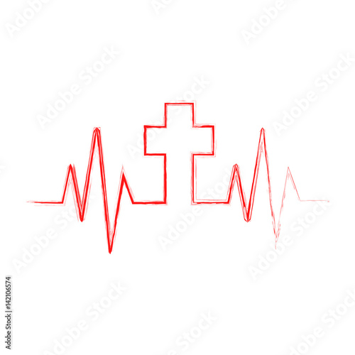 Heartbeat icon with Christian cross. Vector illustration.