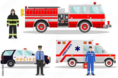 Emergency concept. Detailed illustration of firefighter, doctor, policeman with fire truck, ambulance and police car in flat style on white background. Vector illustration.