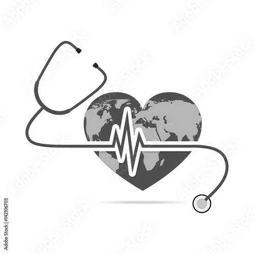 Globe Earth with stethoscope and Heartbeat sign. Vector Illustration