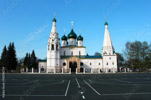 Russia. Yaroslavl. UNESCO zone. White Ilya Prophet church on blue sky background. Horizontal view.