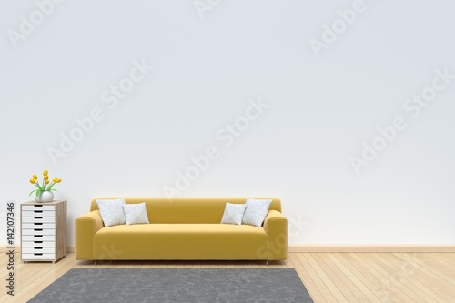 Living room with sofa yellow with white wall,3D rendering
