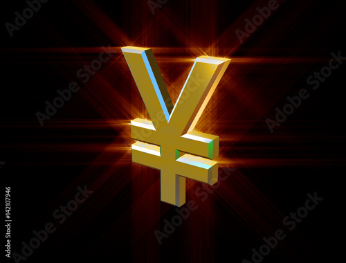 three-dimensional image of golden yen symbol among the colored rays photo