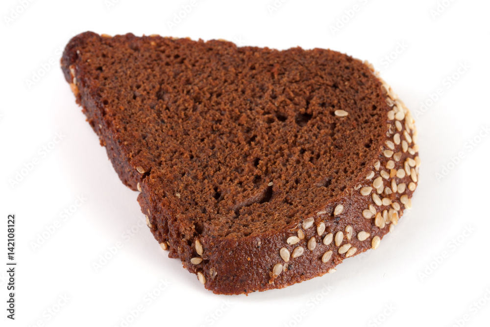 one slice of black bread with sesame seeds isolated on white background one slice of black bread with sesame seeds isolated on white background