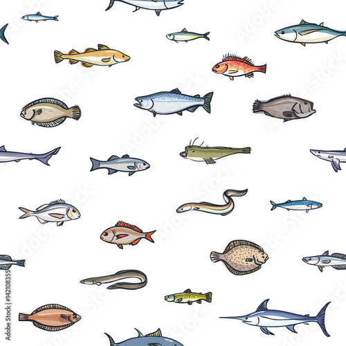 Seamless colorful pattern of marketable fish hand drawn style