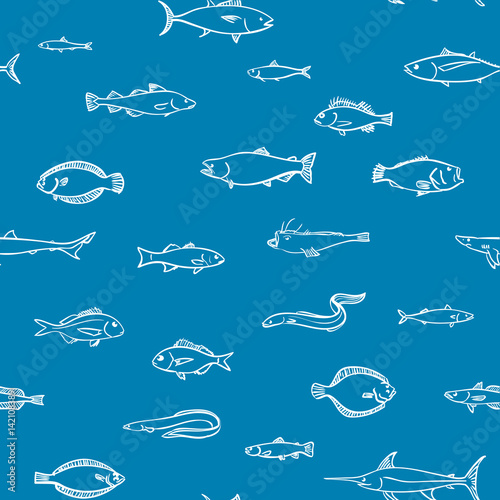 Seamless blue pattern of marketable fish hand drawn style