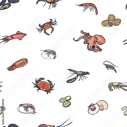 Seamless colorful pattern of marketable seafood hand drawn style © Jimena
