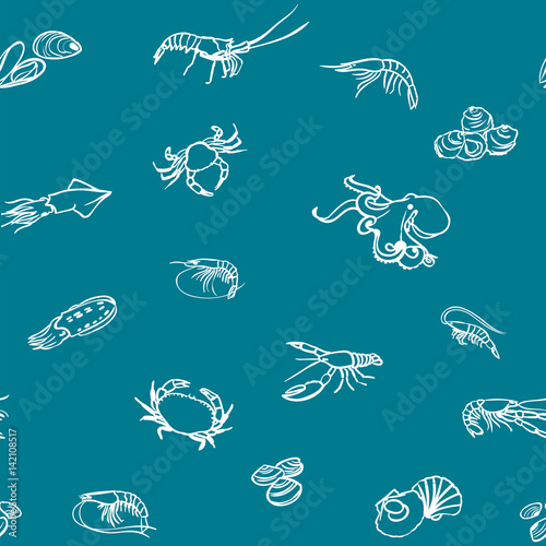 Seamless pattern of marketable seafood hand drawn style © Jimena