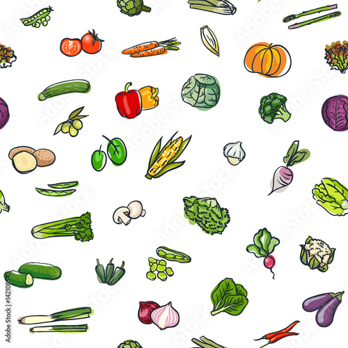 Seamless colorful pattern of vegetables hand drawn style