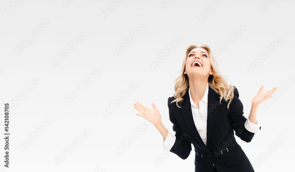 Happy gesturing young cheerful businesswoman Happy gesturing young cheerful businesswoman