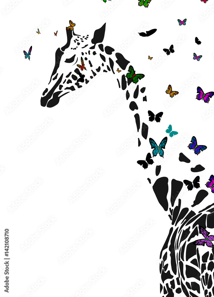 Fototapeta premium Sylwetka wektor żyrafa z latającymi motylami.