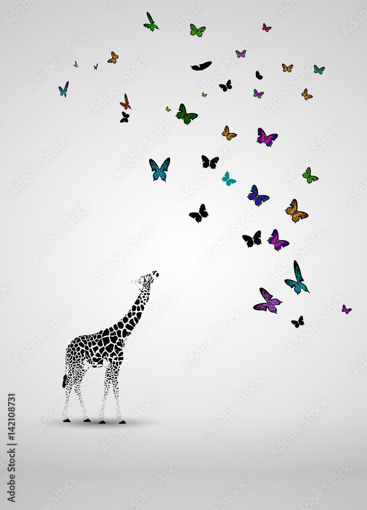 Naklejka premium Vector silhouette of giraffe baby looking at butterflies.