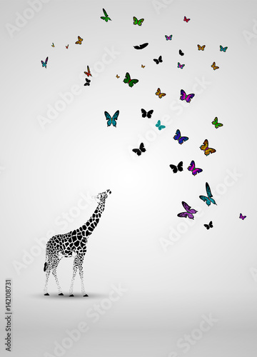 Vector silhouette of  giraffe baby looking at butterflies.