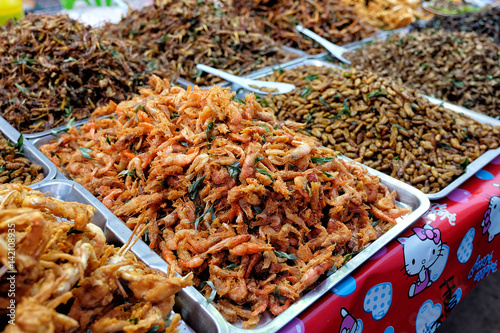 Fried insects street food in Thailand This is fried insect food is high in protein. And delicious, especially bamboo worms, which are expensive