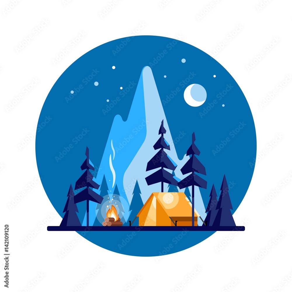 Summer camp. Night landscape with illuminated tent, forest and mountains in  the background. Sport, camping, adventures in nature, vacation, and tourism  vector illustration. Stock Vector | Adobe Stock