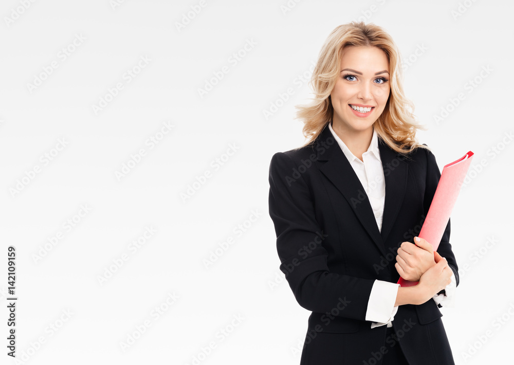 Young smiling businesswoman with red folder Young smiling businesswoman with red folder