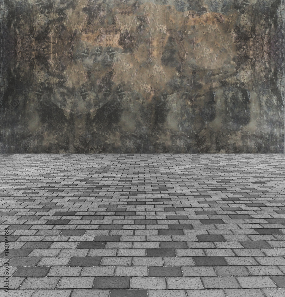 Fototapeta premium Face The Barrier Concept. Perspective View of Monotone Gray Brick Stone Street Road. Sidewalk, Pavement Texture Background with Abstract Dark Gray Concrete Wall for Interior Design or Business Concept