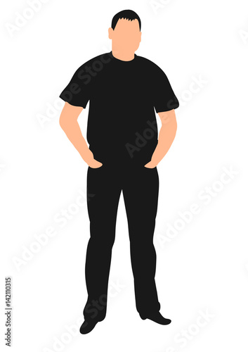 Vector, isolated silhouette man standing, hands in pockets