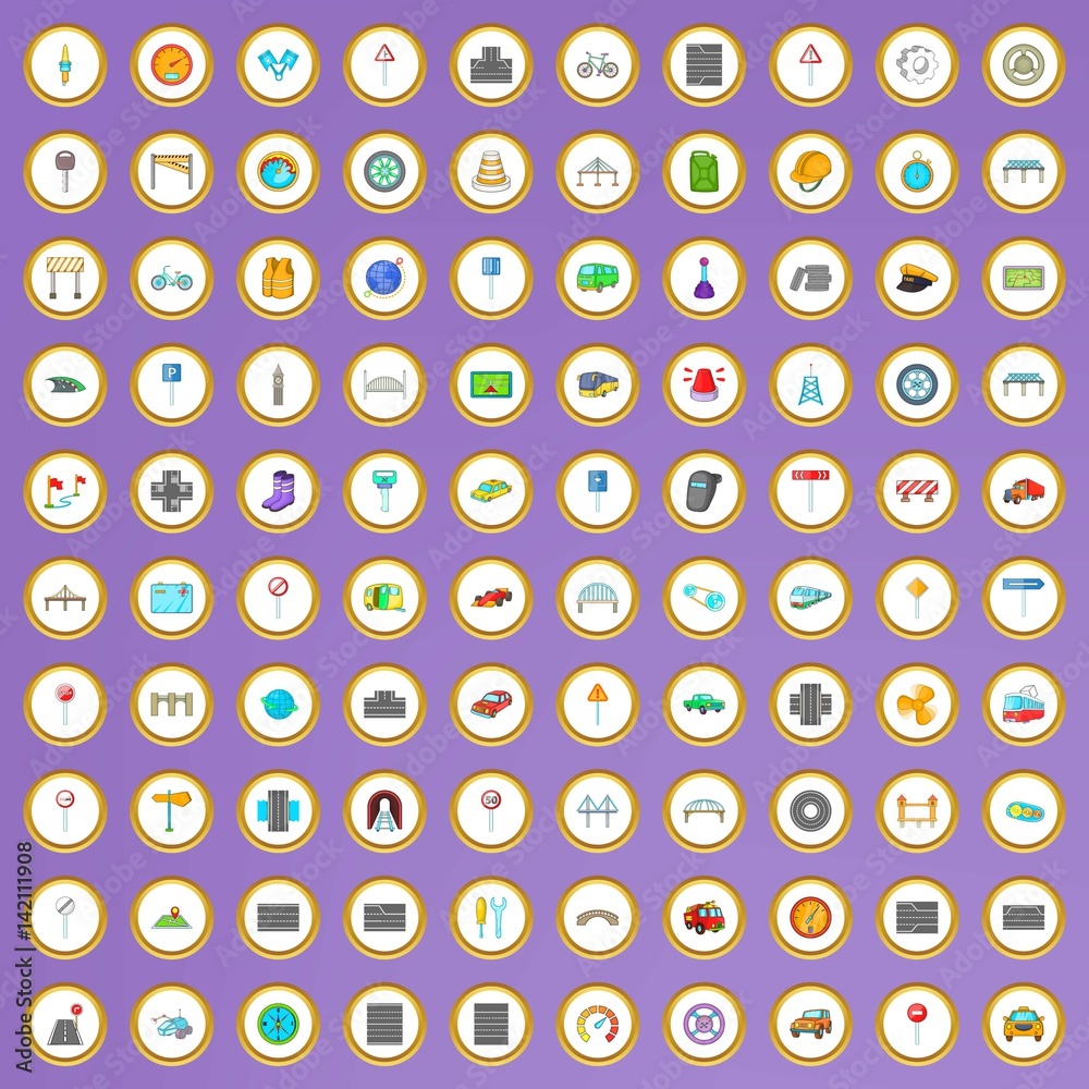 100 bridges and roads icons set in cartoon style 100 bridges and roads icons set in cartoon style