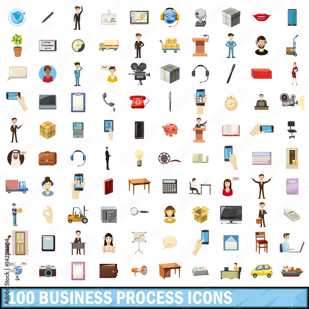 100 busness process icons set, cartoon style 100 busness process icons set, cartoon style