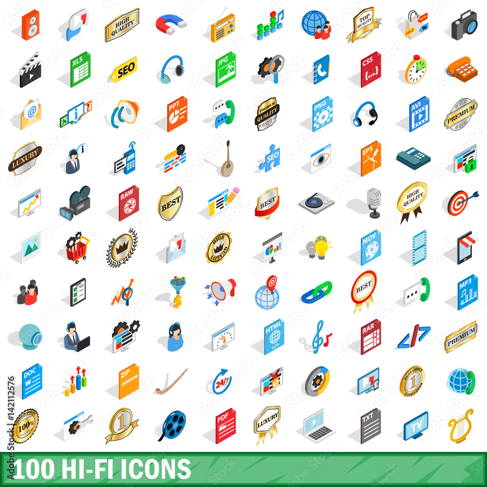 Fototapeta premium 100 hi-fi icons set, isometric 3d style