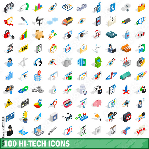100 hi-tech icons set, isometric 3d style