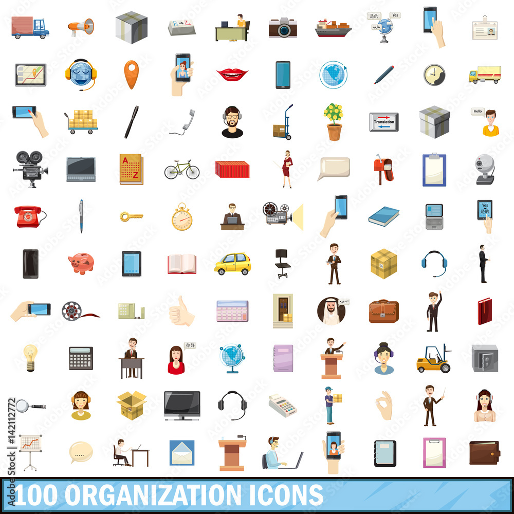 100 organization icons set, cartoon style 100 organization icons set, cartoon style