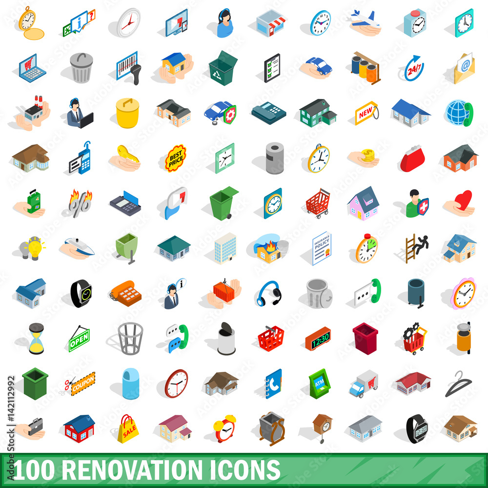 100 renovation icons set, isometric 3d style