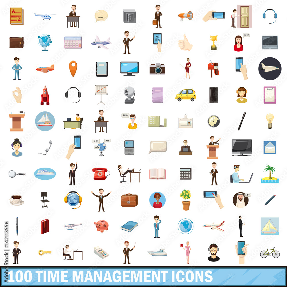 100 time management icons set, cartoon style