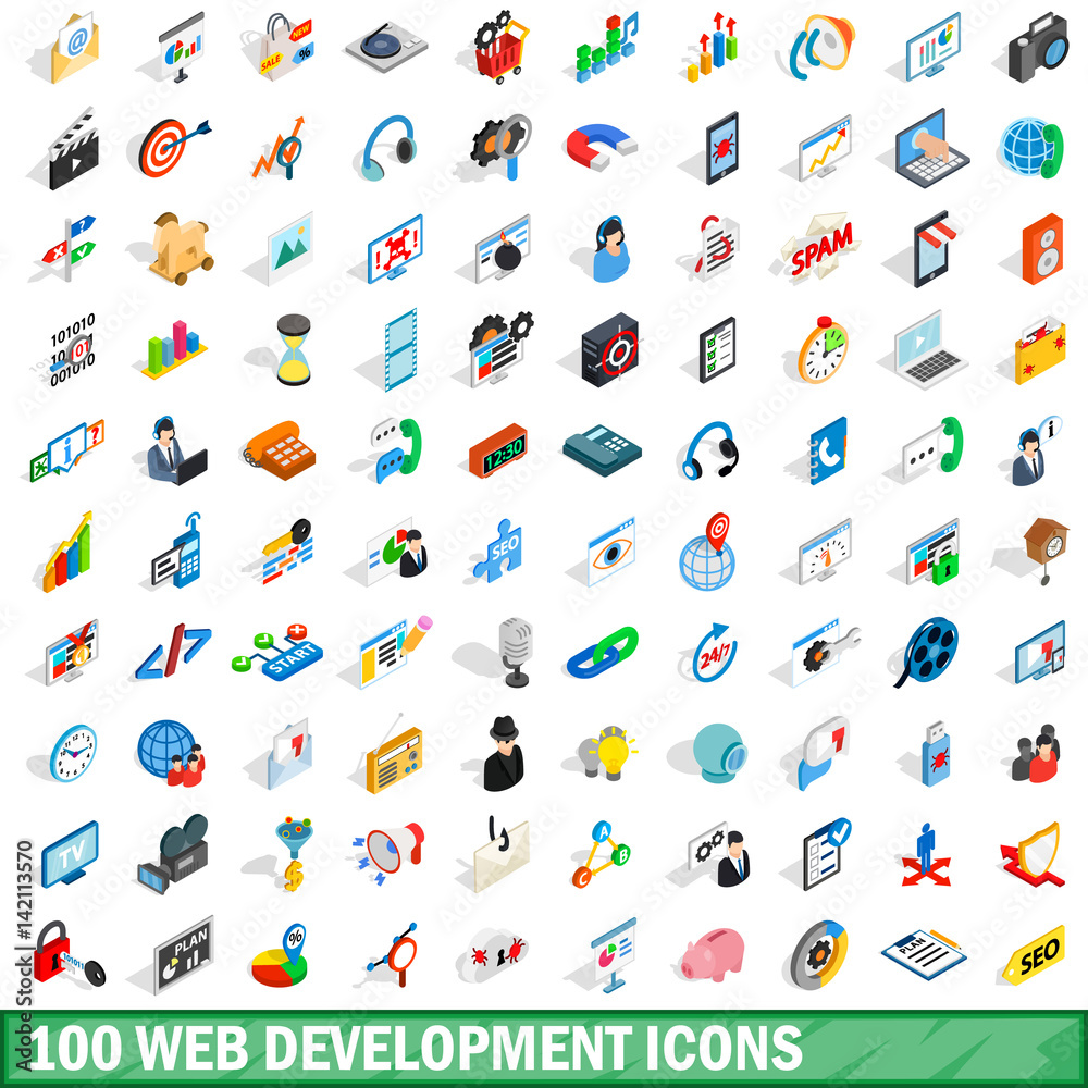 100 web development icons set, isometric 3d style