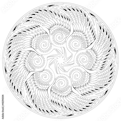 Black and white page for coloring. Fantasy medieval ornament with wings. Worksheet for children and adults. Vector image.