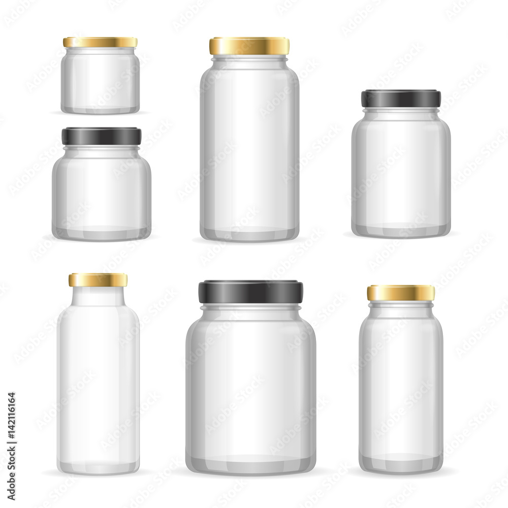 Realistic Empty Glass Jar Can Set. Vector