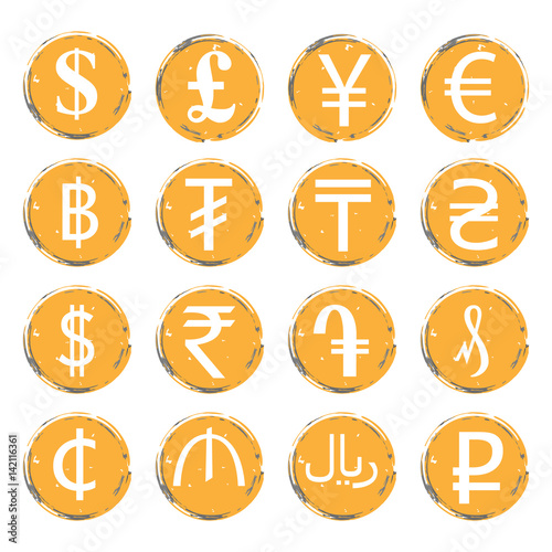 Sixteen yellow-gray vector grunge icons with white images of modern currency symbols of various countries, for exchange offices