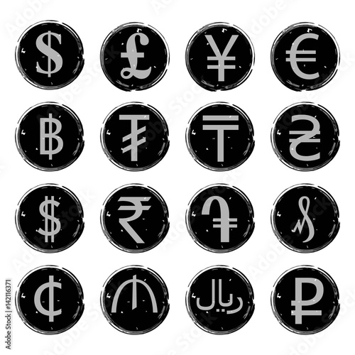 Sixteen black and white vector grunge icons with images of modern currency symbols of various countries, for exchange offices