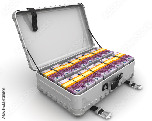 Suitcase full of money. A suitcase filled with bundles of euros. Isolated