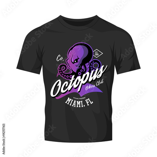 Vintage American furious octopus bikers club tee print vector design isolated on black t-shirt mockup.Premium quality wild cephalopod mollusk superior logo concept illustration.