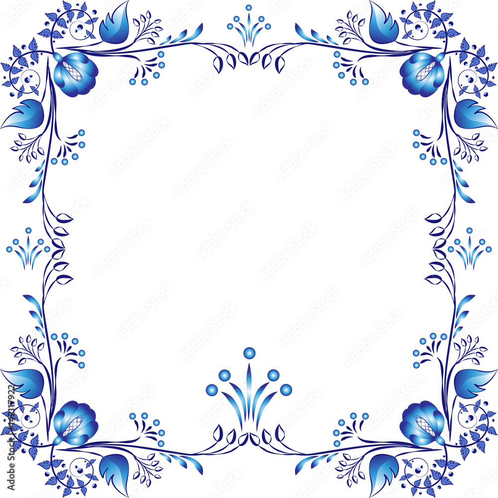 Square blue floral frame. Styling elements based on Chinese or Russian porcelain painting. Decorative element isolated on white background.
