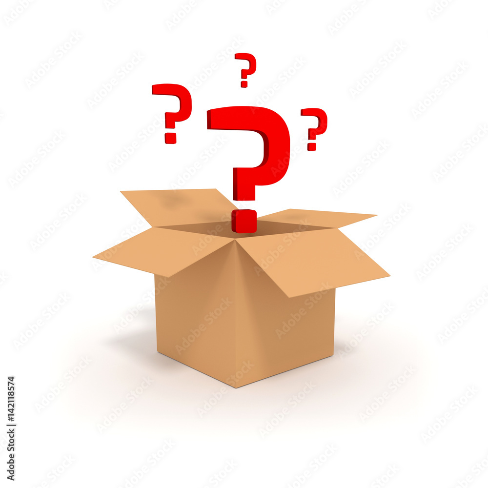 Surprise in a box 3D illustration. Open cardboard box with question