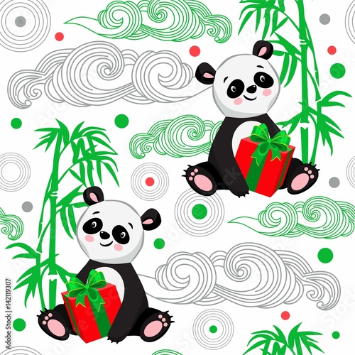 Fototapeta Naklejka Na Ścianę i Meble -  Seamless baby pattern with the Panda and cane