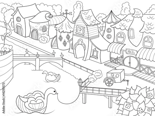 Children coloring vector fairy city with river