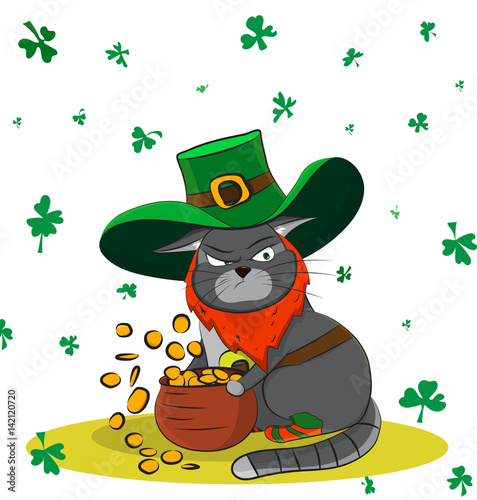 Greedy Cat dressed as a leprechaun and gold. Poster St. Patrick's Day
