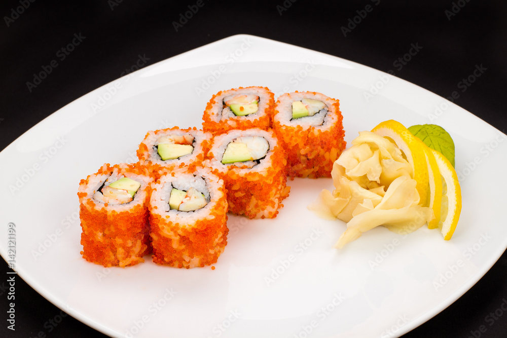 sashimi sushi set with soy on black background
