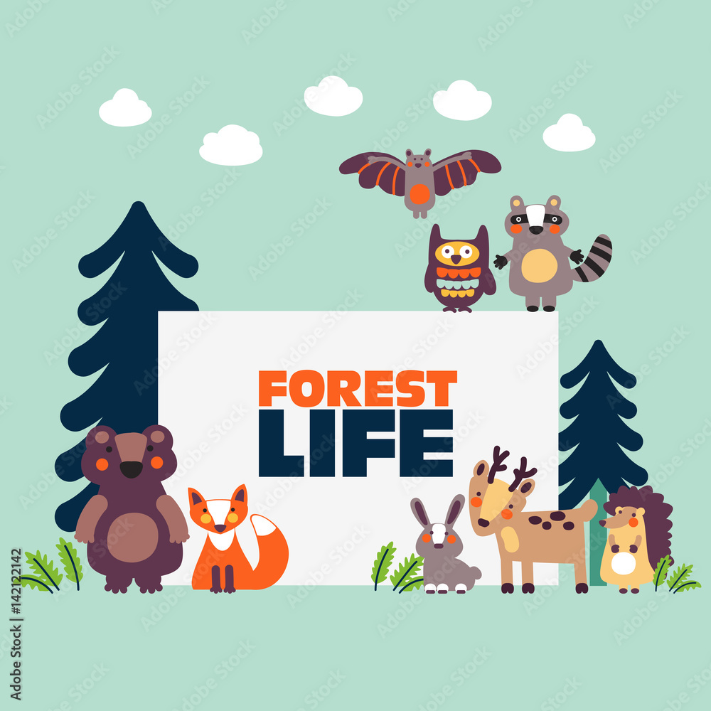 Fototapeta premium Funny illustration presenting cute wild animals in forest with copy space