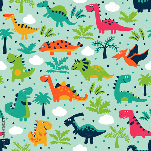 Adorable seamless pattern with funny dinosaurs in cartoon