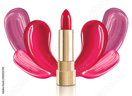 Beautiful red cosmetic lipstick with lid in gold and red liquid foundation smears on background. Isolated on white.