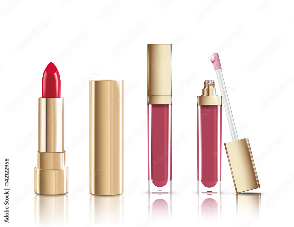Obraz premium Beautiful red cosmetic lipstick and liquid lip gloss in gold. Makeup realistic cosmetic vector isolated on white.