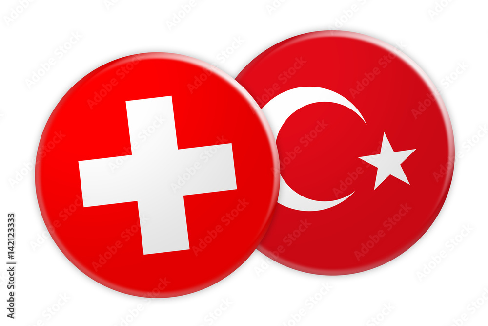 Obraz premium News Concept: Switzerland Flag Button On Turkey Flag Button, 3d illustration on white background