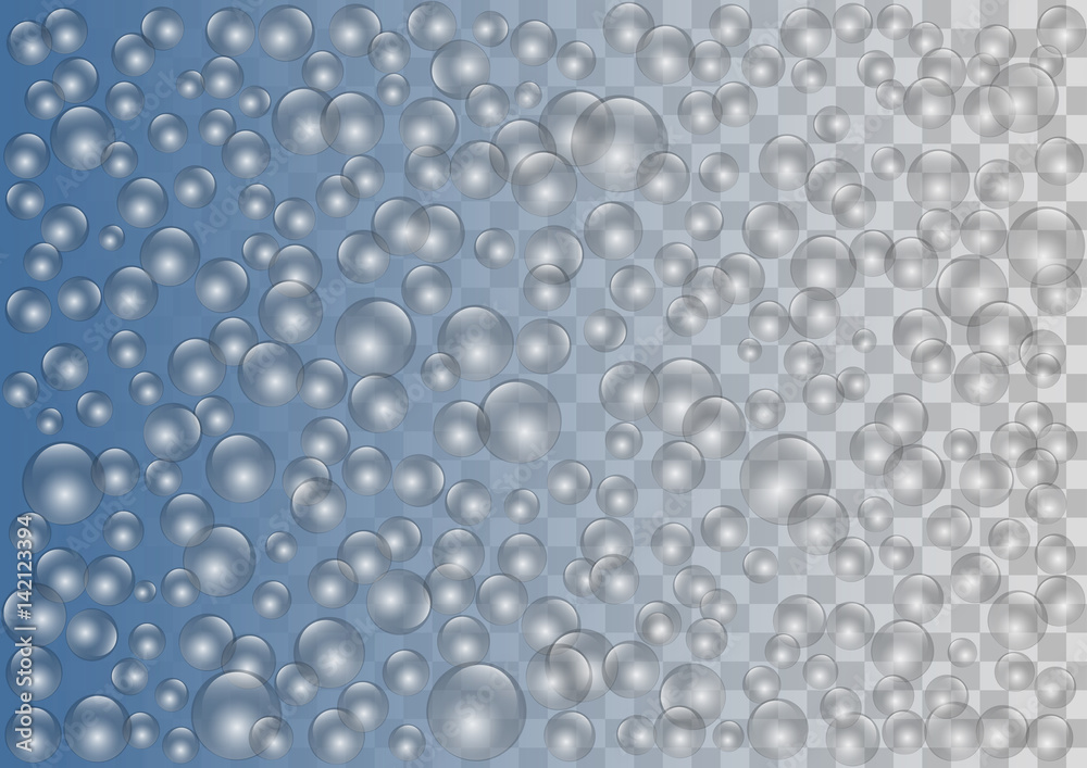 Soap bubbles on blue and transparent vector background.