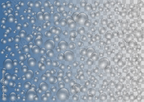 Soap bubbles on blue and transparent vector background. © shmizla