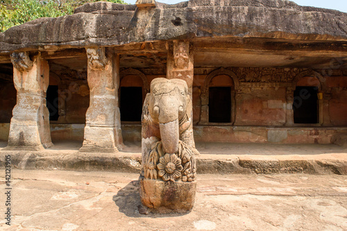 Stone carving on the wall of temples  in Bhubaneswar.India.This is in front of Ganesh Gumpha at Udaygiri caves. photo