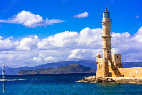 Beautiful lighthouse - landmark of Chania town, Crete, Greece
